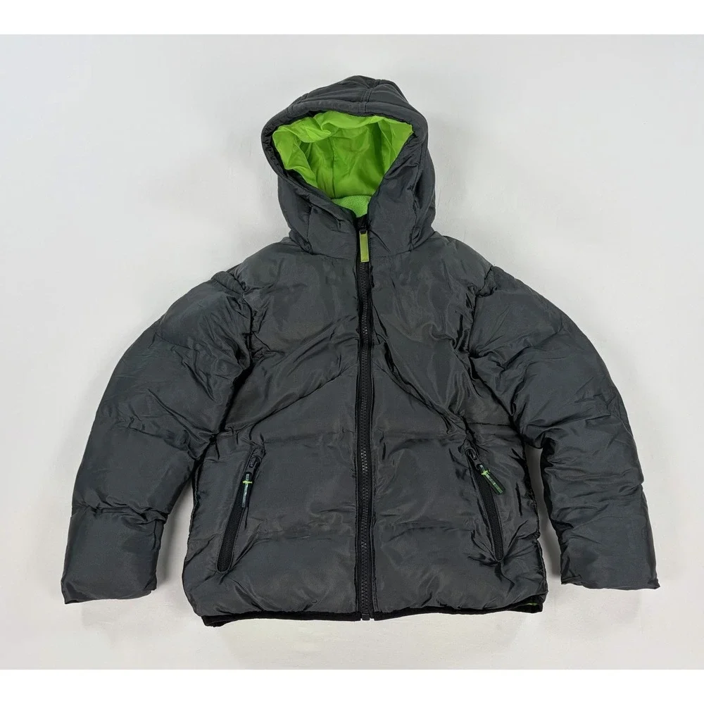 Champion Kids Boys Puffer Jacket Coat Hooded Black Neon Green Winter Size XS 4-5